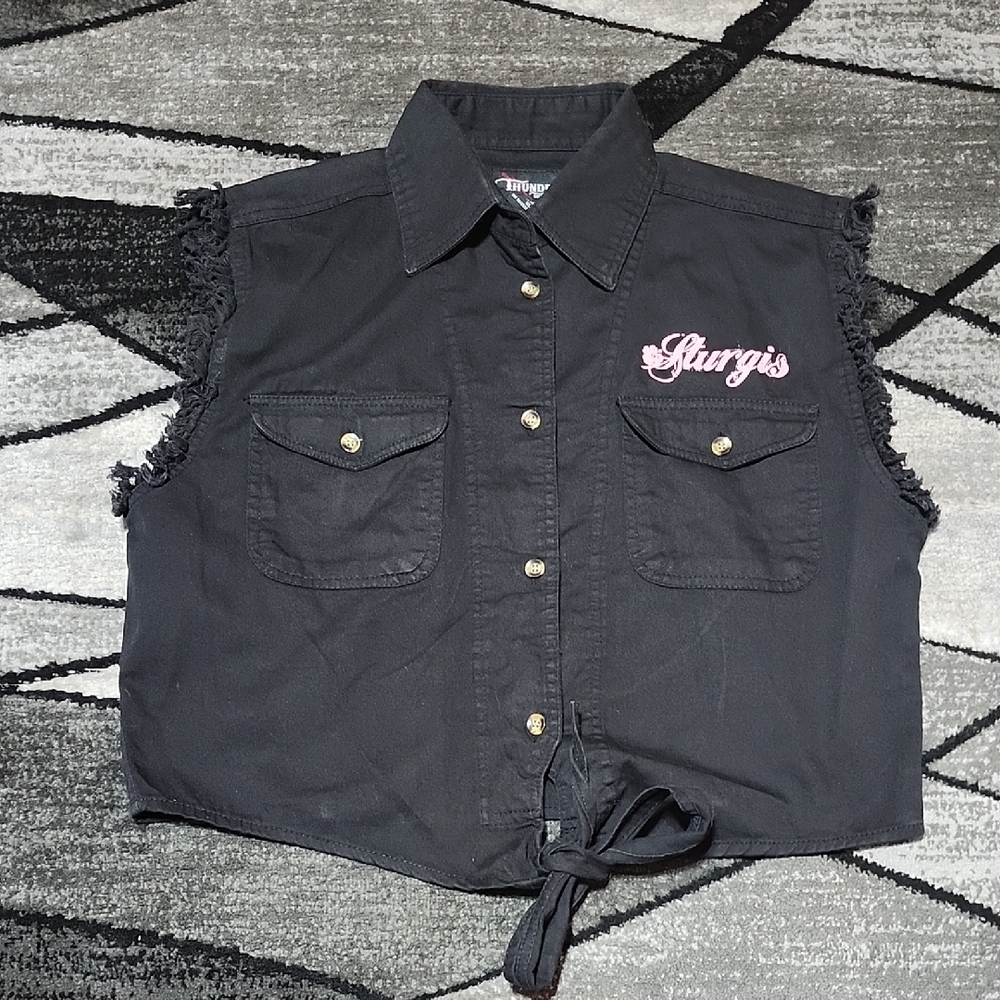 STURGIS SLEEVELESS RAW-EDGE TIE BUTTON-DOWN BLACK DENIM TOP XL